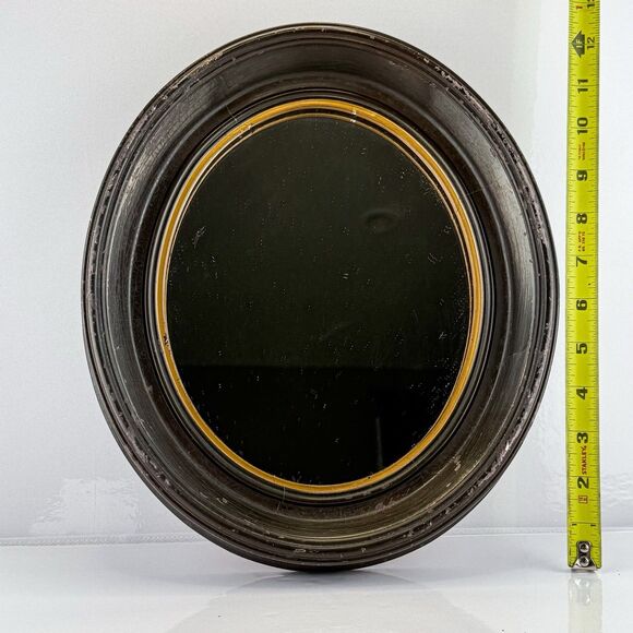 Antique Round Beveled Wall Mirror with Wooden Frame & Gilt Detail – 12” - Picture 6 of 8